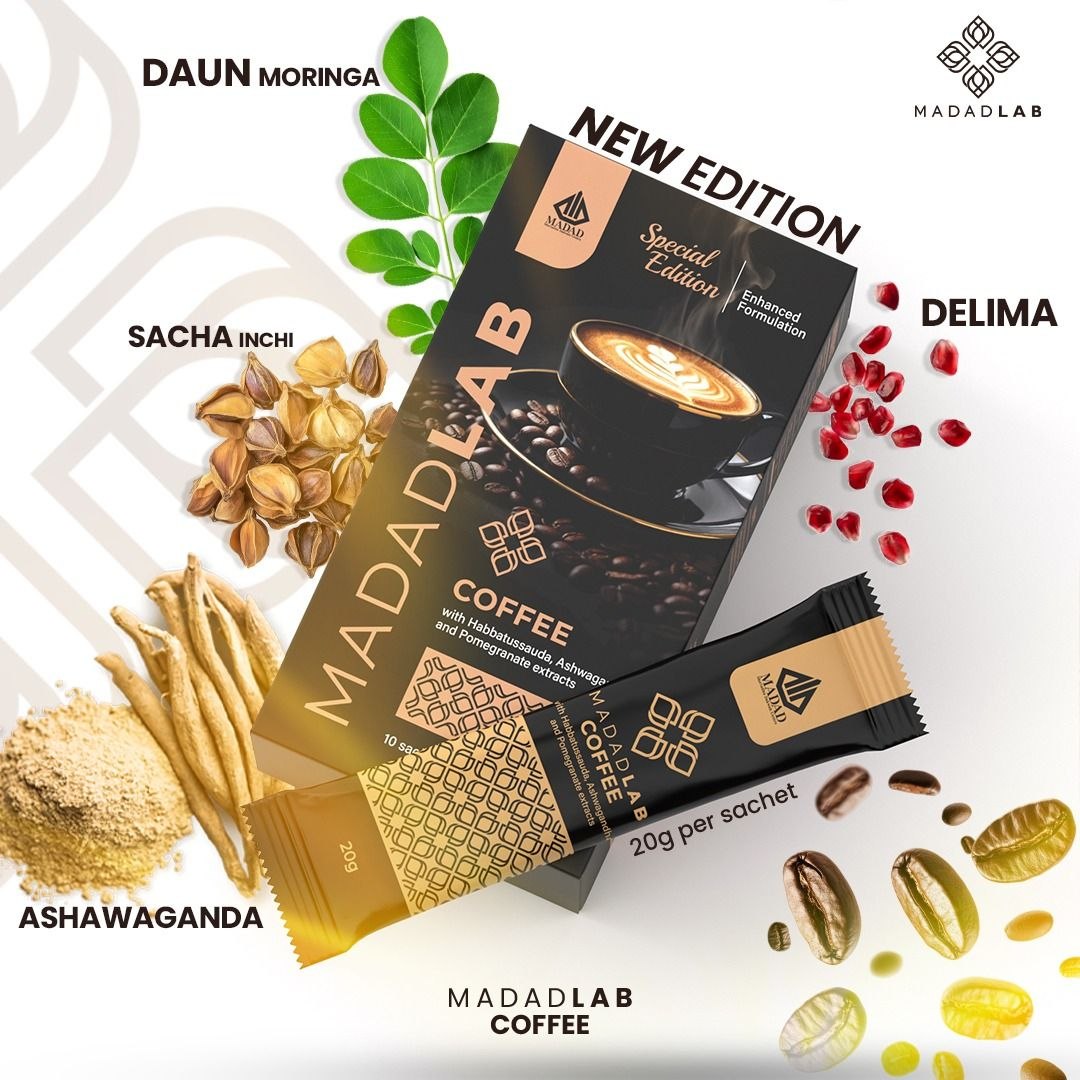 Bahan-bahan MadadLab Coffee: Moringa, Sacha Inchi, Ashwagandha, Delima