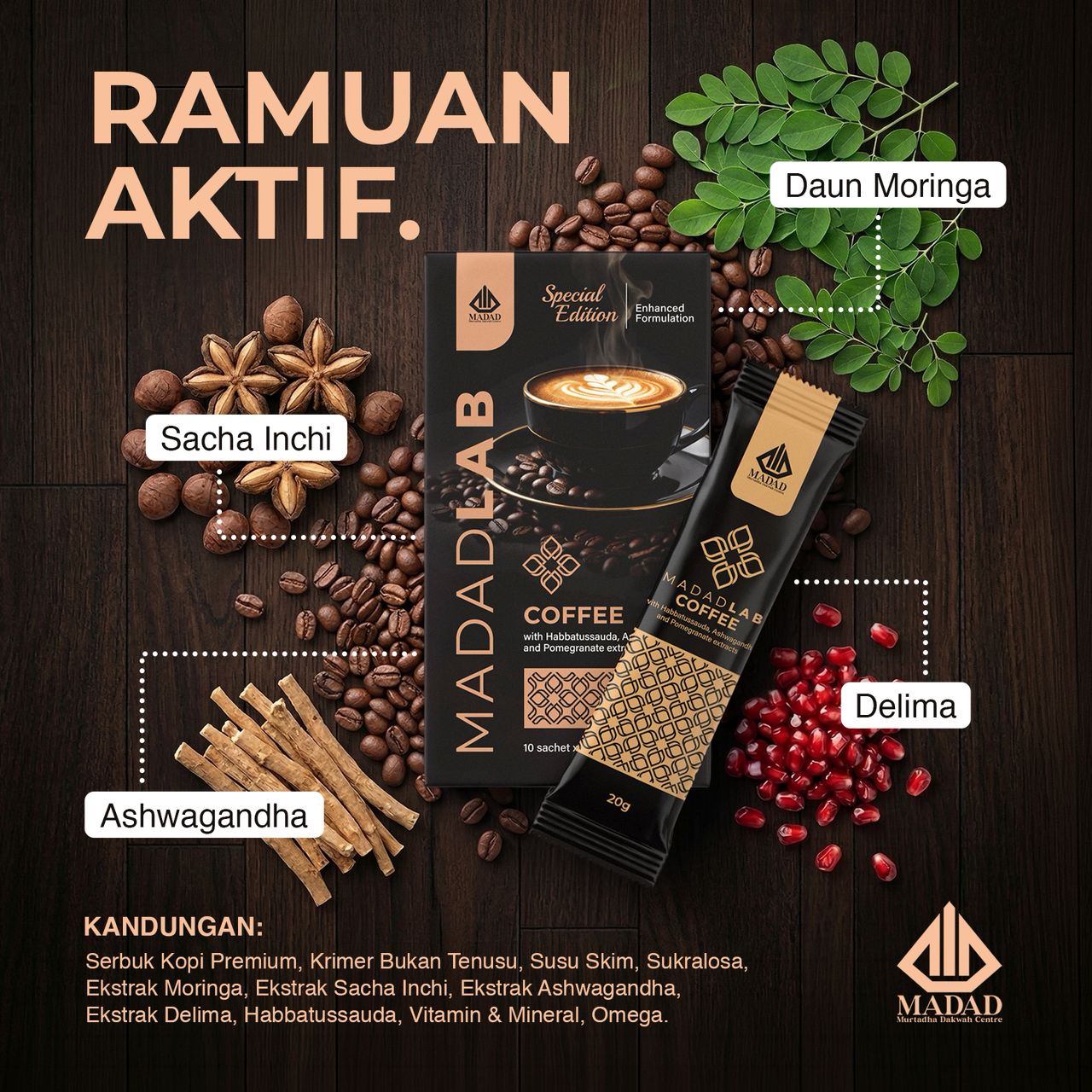 Ramuan aktif berlabel + kandungan